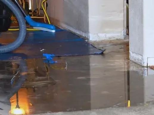 Extraction hose beside standing water along the base of a wall