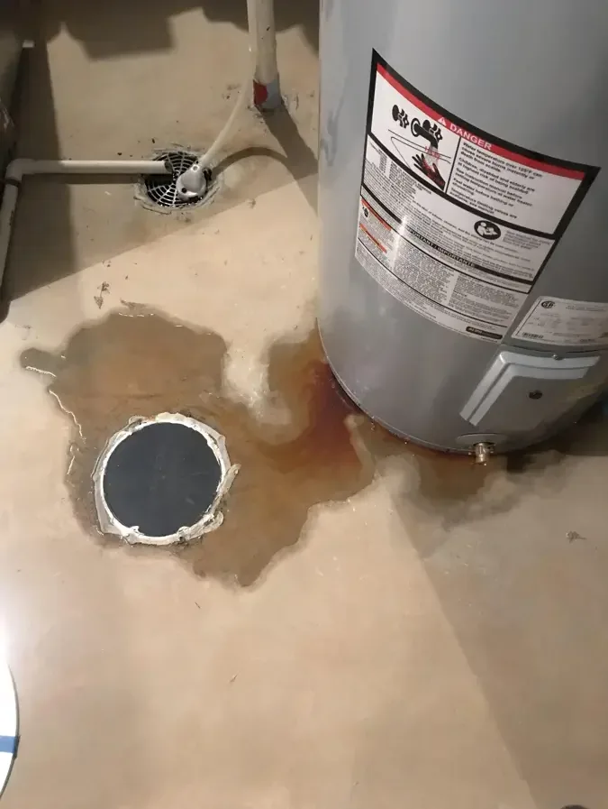 Water surrounding a heater base and a round floor drain cover