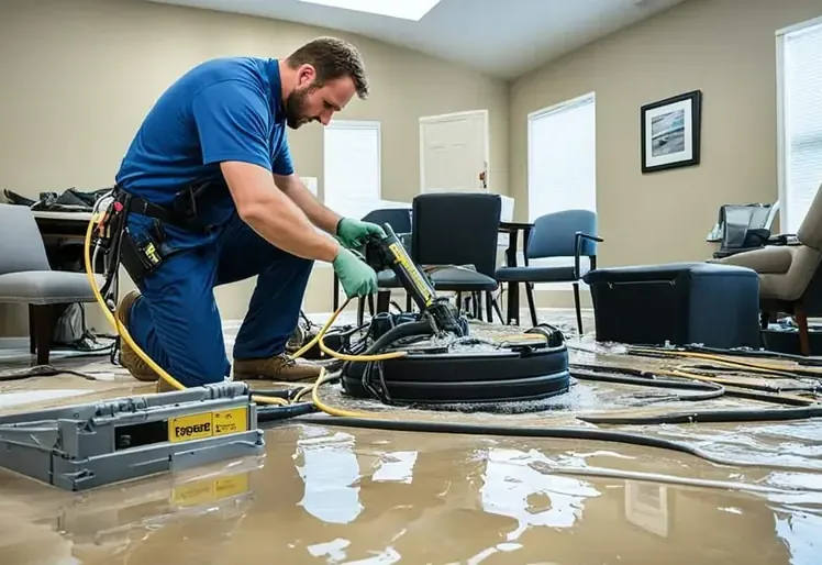 Technician operating extraction equipment on a wet room floor