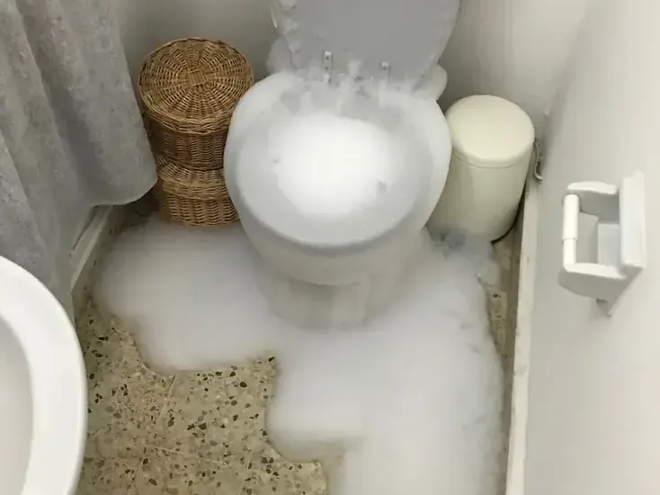 Overflowing toilet spilling foamy water across the surrounding bathroom floor