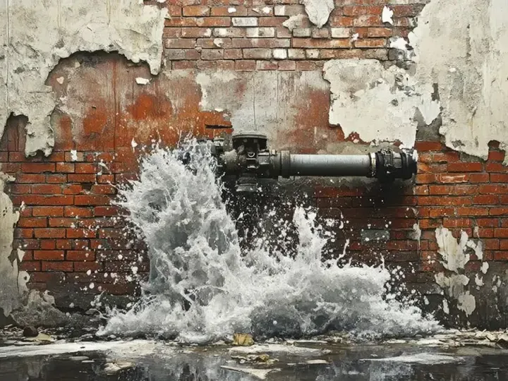 Water spraying from a damaged pipe against an exposed brick wall