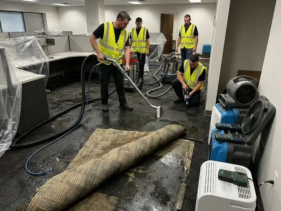 Workers using extraction equipment beside lifted carpet in an office