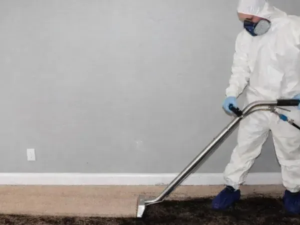 Worker in protective clothing using an extraction wand on carpeting